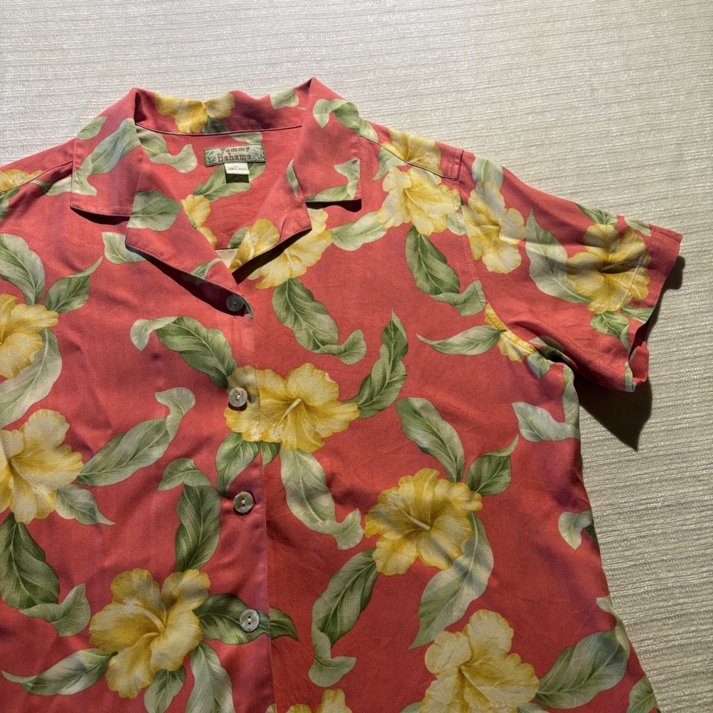 Tommy Bahama 100% Silk Floral Camp Shirt Coral Red Yellow Hibiscus Tropical M